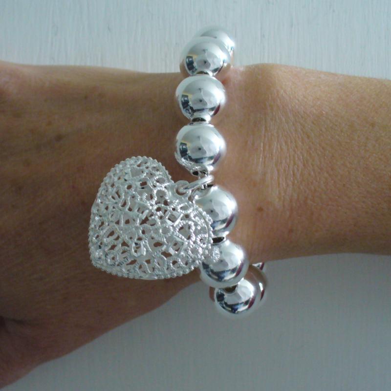 Sterling silver bead bracelet for woman 14mm with large heart charm