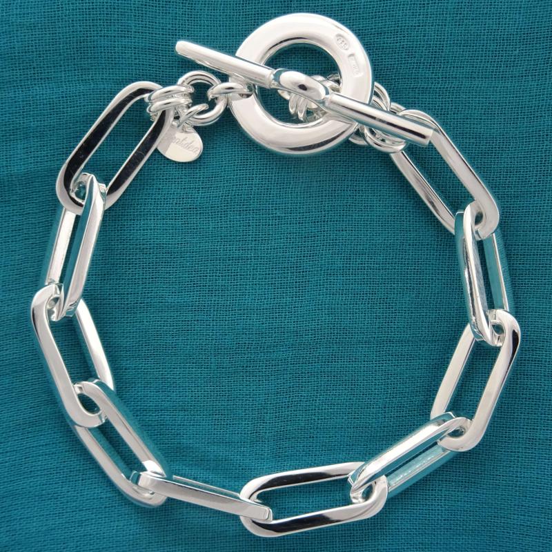 Solid sterling silver rectangular link toggle bracelet