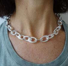 Sterling silver handmade textured oval link necklace
