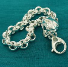 Women's sterling silver panther bracelet. Round rolo link chain 9mm.