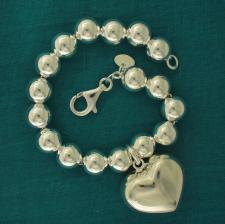 Sterling silver bead bracelet for woman - 10mm with heart charm