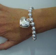 Sterling silver bead bracelet for woman - 10mm with heart charm