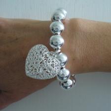 Sterling silver bead bracelet 14mm with large heart charm.