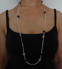 Silver necklace black onyx and rose quartz beads 