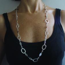 Long sterling silver necklace polished textured oval link chain 80 cm