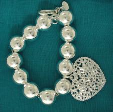 Sterling silver bead bracelet for woman - 14mm with large heart charm