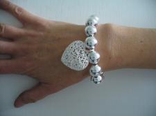 Sterling silver bead bracelet for woman - 14mm with large heart charm