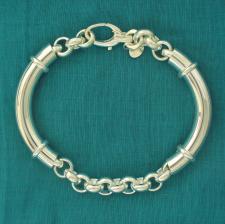 Sterling silver semi-bangle bracelet with handmade solid round link chain.