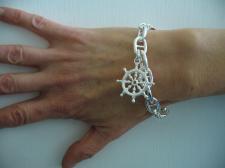 Sterling silver anchor chain bracelet, wheel charm.