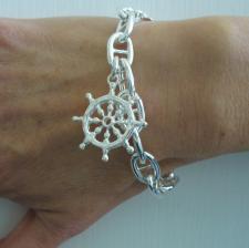 Sterling silver anchor chain bracelet, wheel charm.