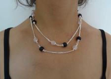 Silver necklace black onyx and rose quartz beads 