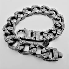 OXIDIZED sterling silver solid diamond cut curb bracelet 12mm x 5mm. With screws.