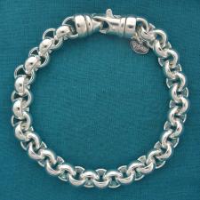 Sterling silver solid round rolo link bracelet 9mm. Rotating clasp.