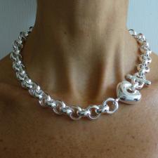 Sterling silver round link necklace with heart