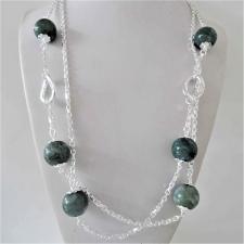 Sterling silver necklace. Moss green agate beads 16mm. Length: 122 cm.