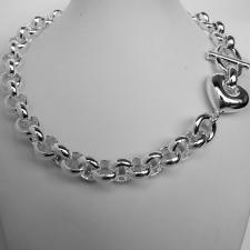 Sterling silver round rolo link necklace 14mm with heart. Hollow link. Silver belcher necklace.