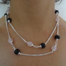 Silver necklace black onyx and rose quartz beads 